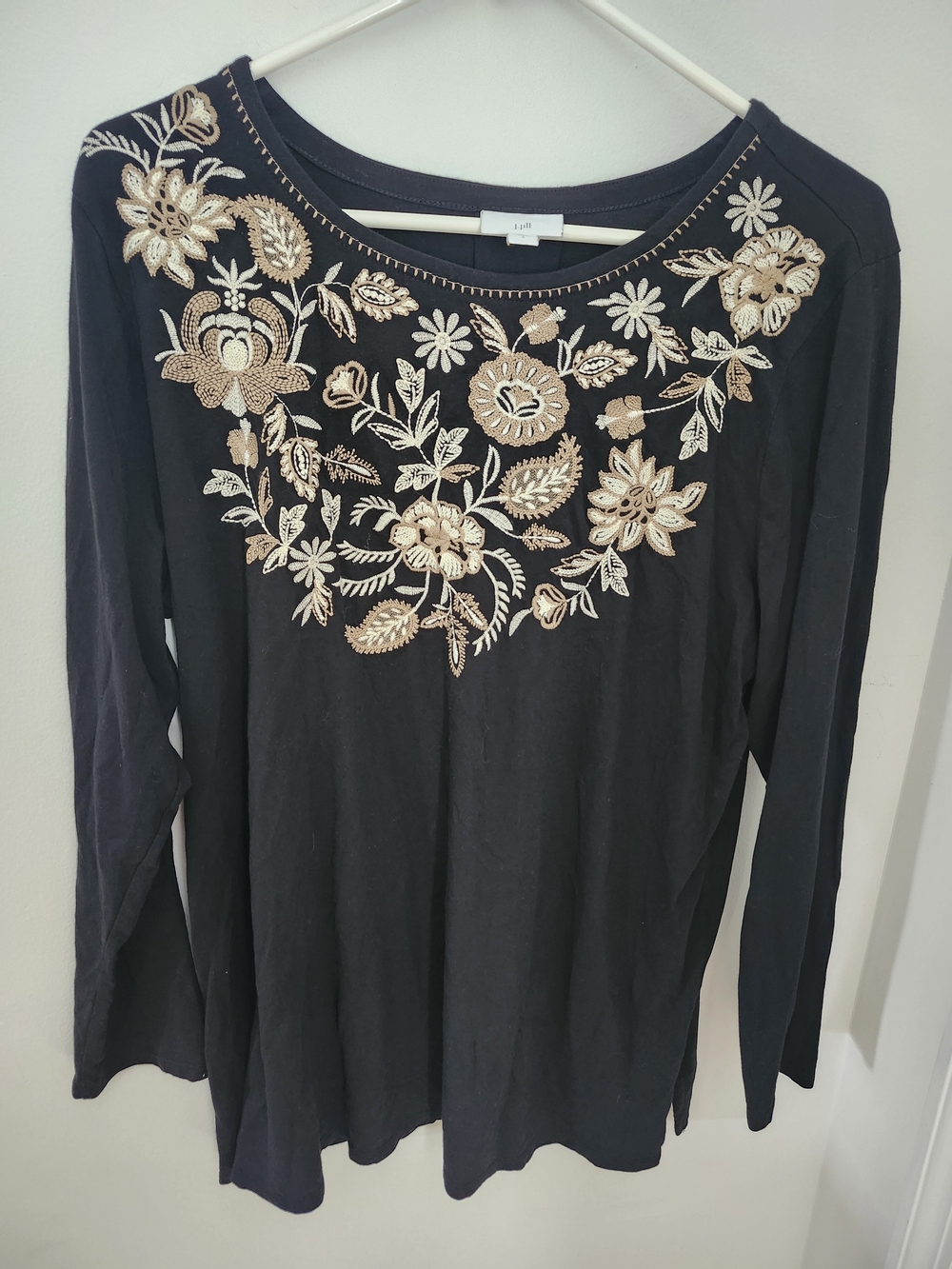 J. Jill Black Long-Sleeve Top with Gold Floral Embroidery